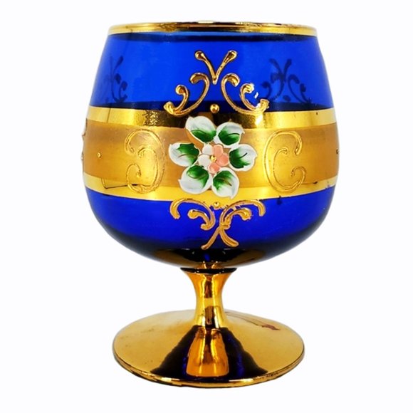 Murano Italy Cobalt Blue Goblet Gold Enamel Floral - Picture 4 of 8